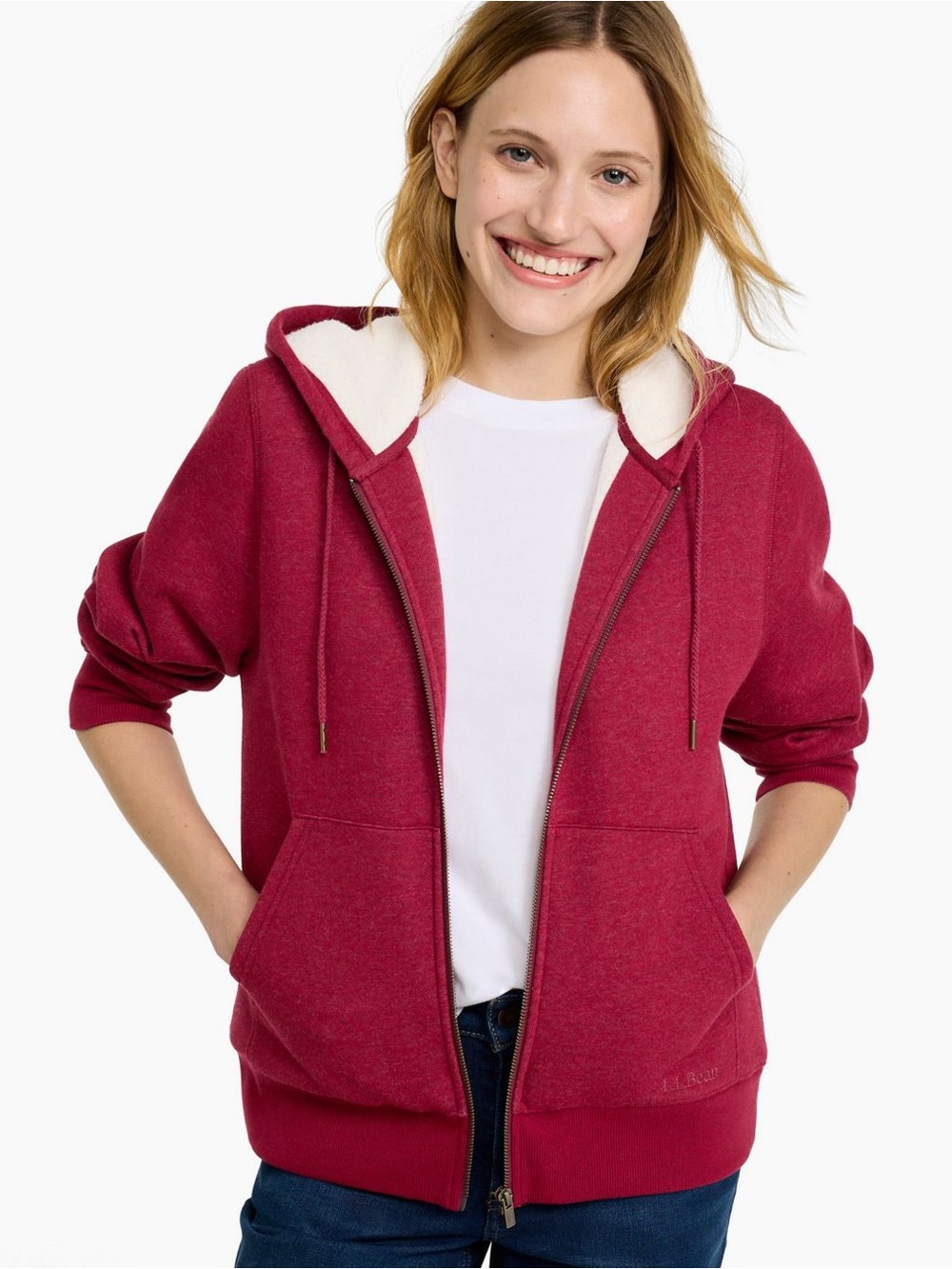 L.L. Bean Women’s Sherpa Lined Full Zip Hoodie Medium Petite Bordeaux Heather